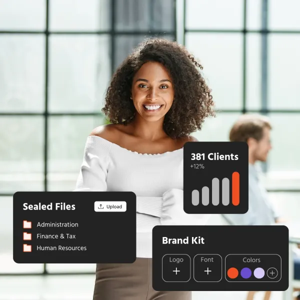 A smiling woman with business software user interface overlays.