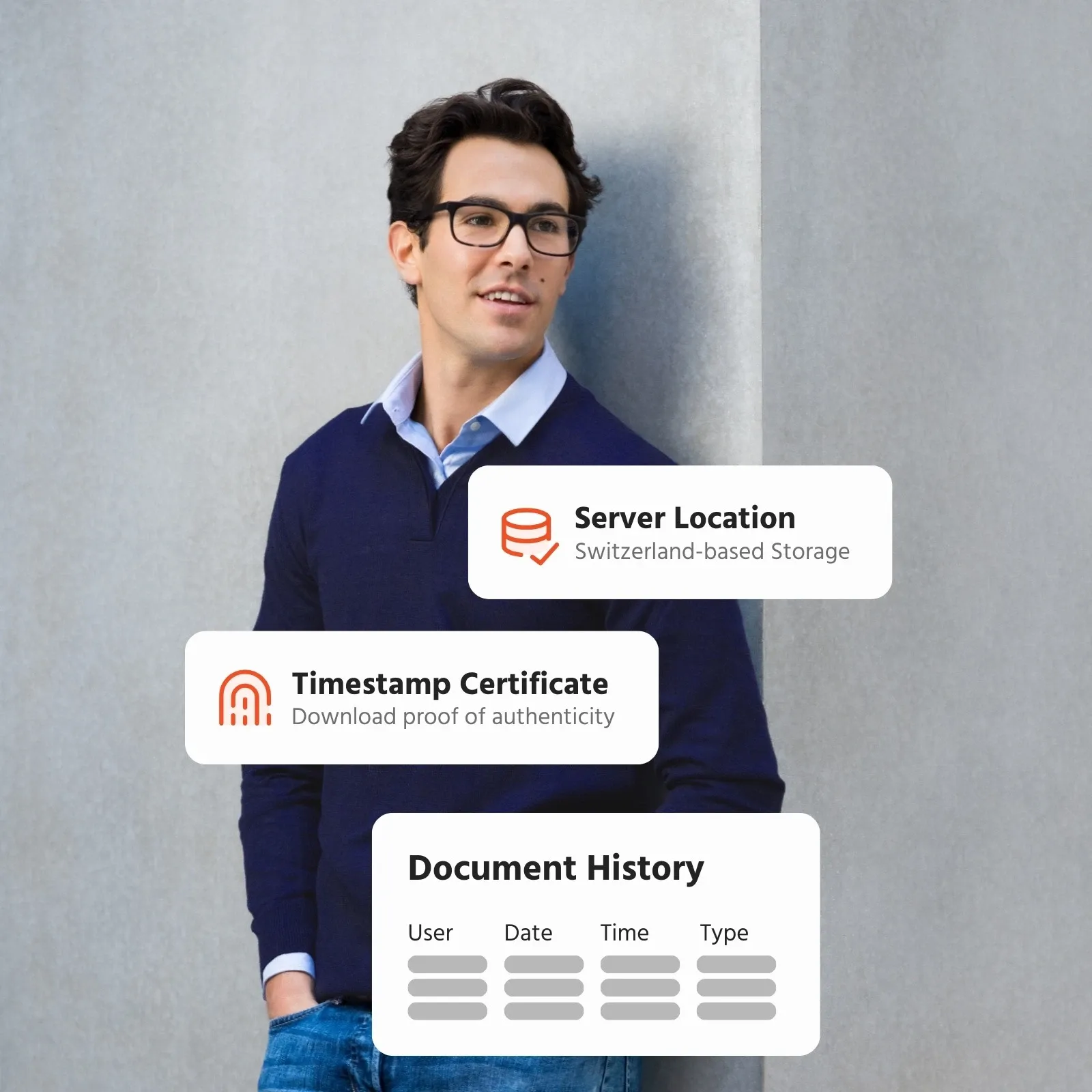 Man with overlays showing server location, timestamp, and document history.