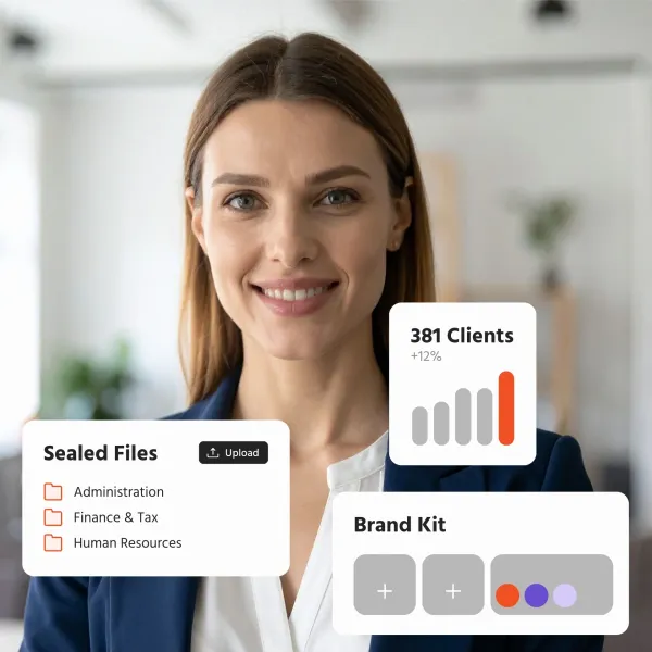 Smiling businesswoman with floating widgets showing files, clients, and brand kit.