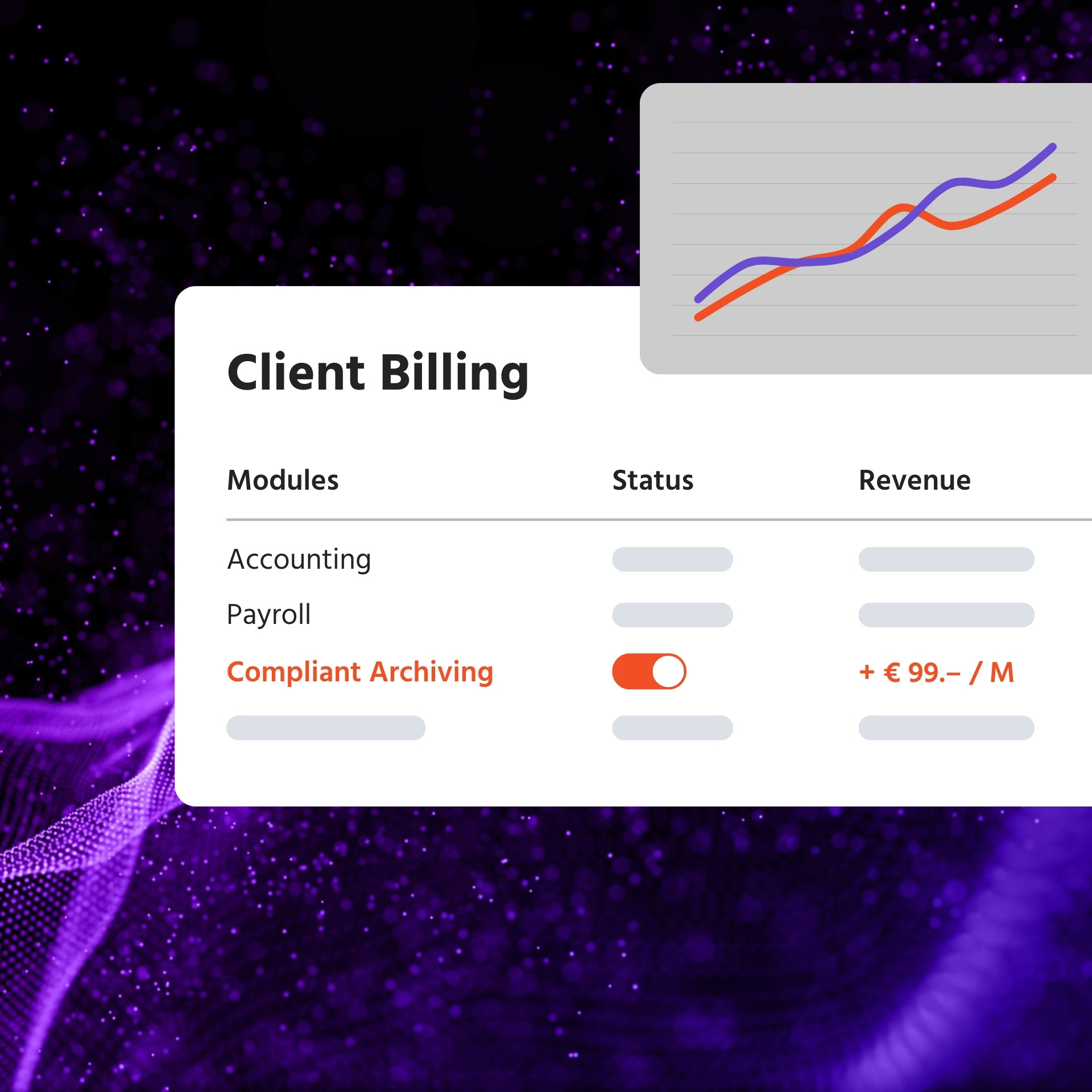 Client billing dashboard with module revenue table and line graph.